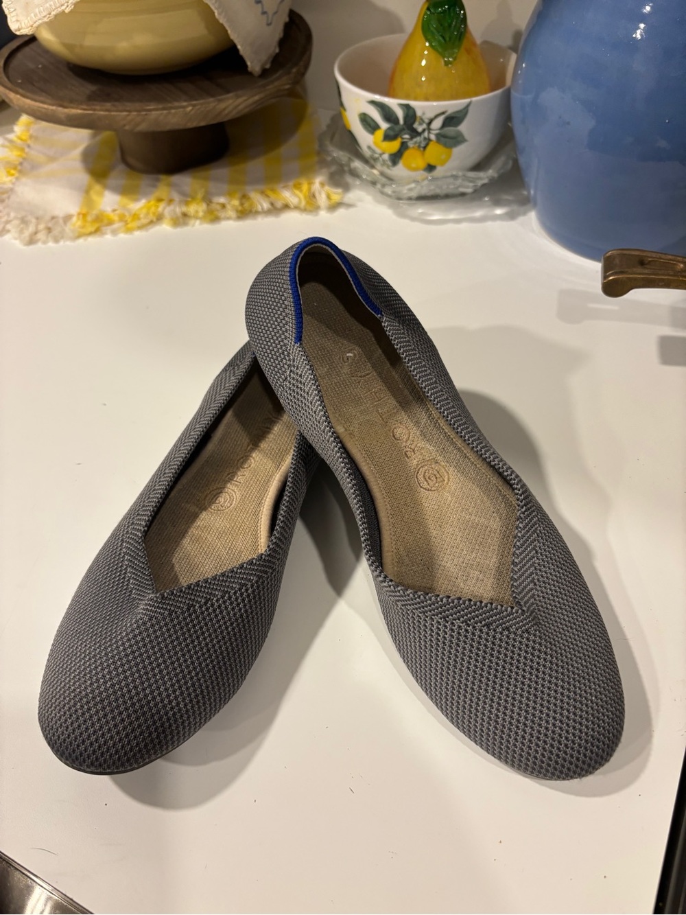 Rothy's Gray Knit Flats with Blue Trim Accent